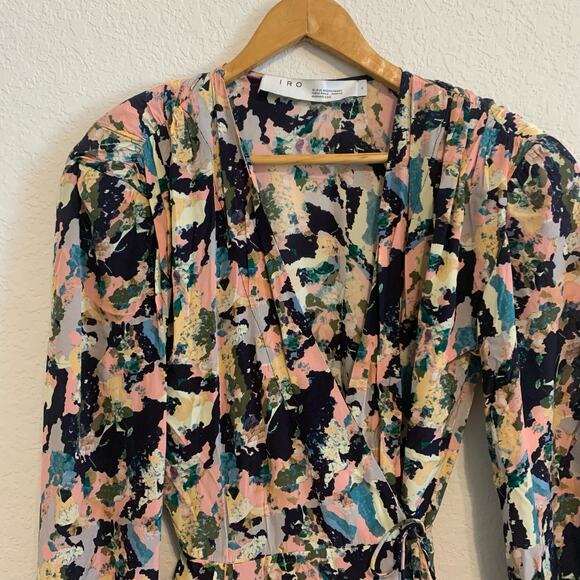 IRO Bloomy Multicolor Abstract Long Sleeve Wrap Mini Dress - Picture 3 of 11